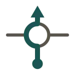 Tulip diagram: a dot at the bottom, a line into a roundabout, round its left-hand side, and out of the second exit, straight ahead.